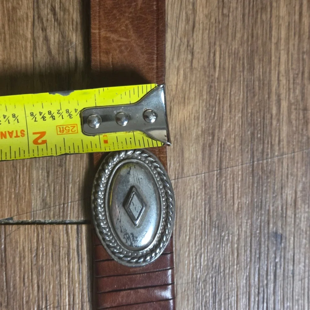 Vintage Brown Leather Western Concho Belt 30 Silver Tone Buckle Festival Boho